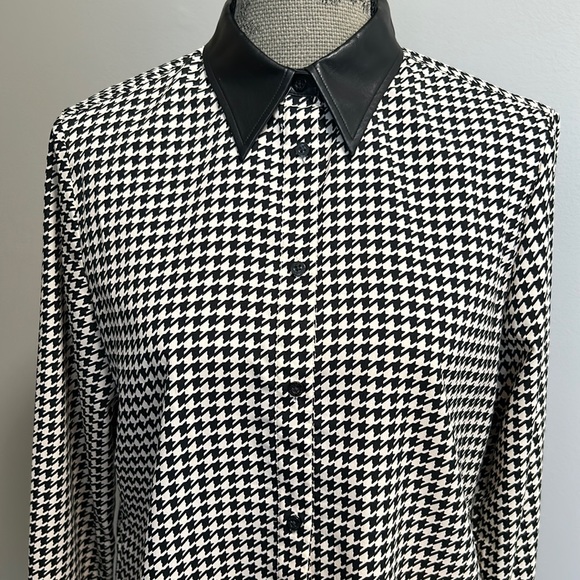 Lauren Ralph Lauren M Long Sleeve B/W Houndstooth Blouse w/ Vegan Leather Trim - Picture 3 of 11